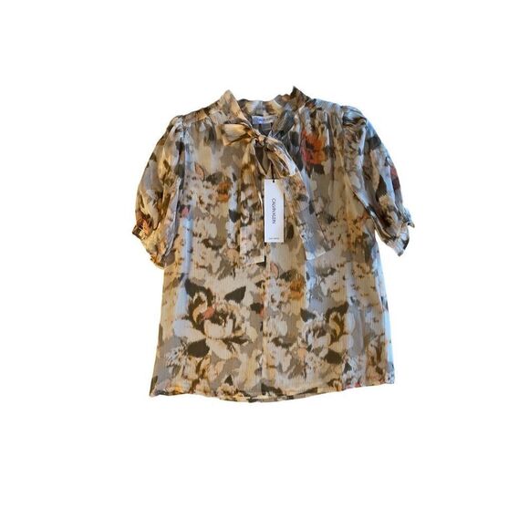 Calvin Klein NWT abstract, print, bowtie front short sleeve blouse size PXS - Picture 1 of 5